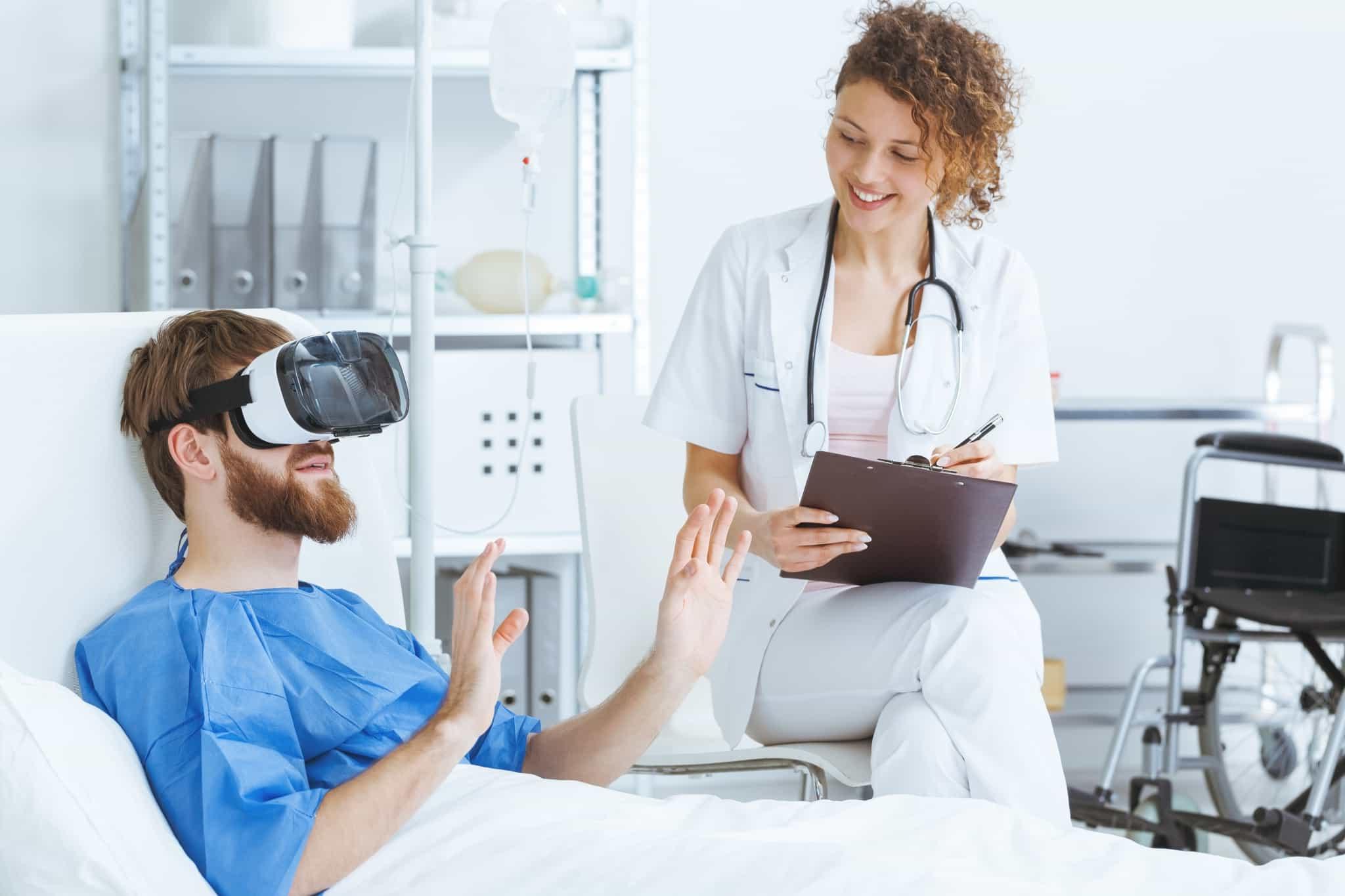 Young trauma patient wearing virtual reality goggles